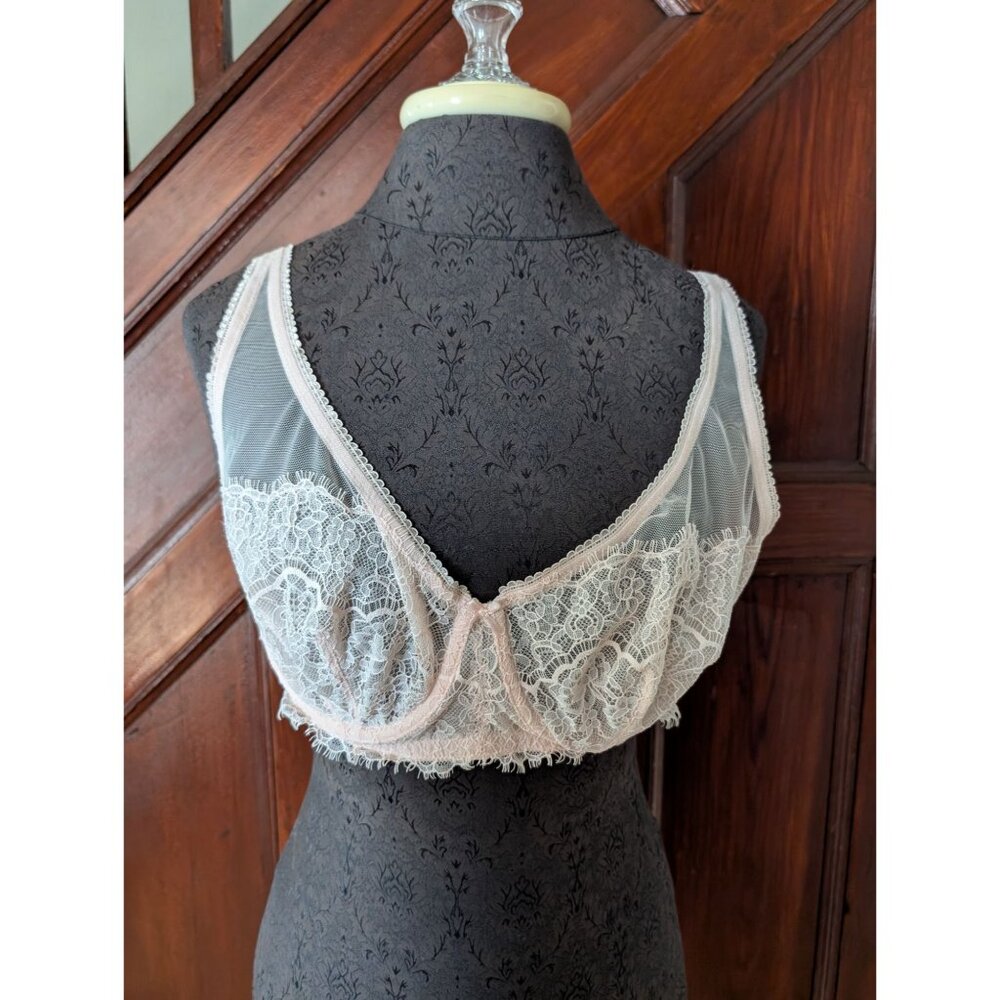 Victorias Secret Sheer Lace Unlined Plunge Underwire Bra Pale Pink Size 38D